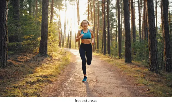 Woman Running in Forest at Sunrise