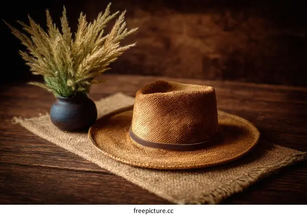 Rustic Straw Hat on Wooden Table with Dried Flowers