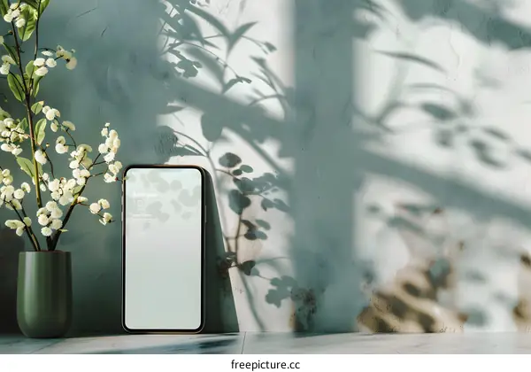 Minimalist Phone Mockup with White Flowers and Shadow