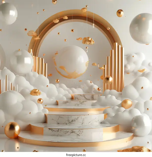 3d rendering podium with white and gold balls