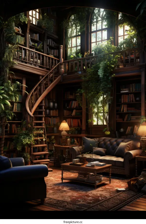 fantasy library with spiral staircase and balcony