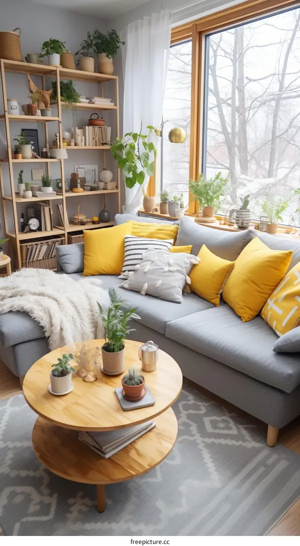 Cozy living room with couch, plants, bookshelf, window, rug