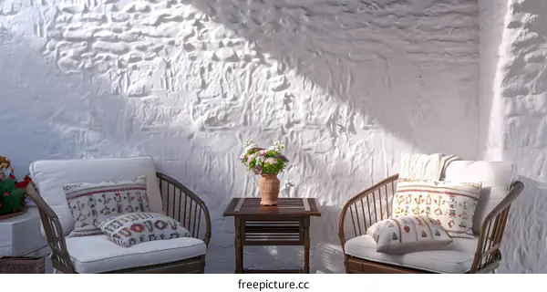 White Wall with Two Chairs and Flowers in a Vase