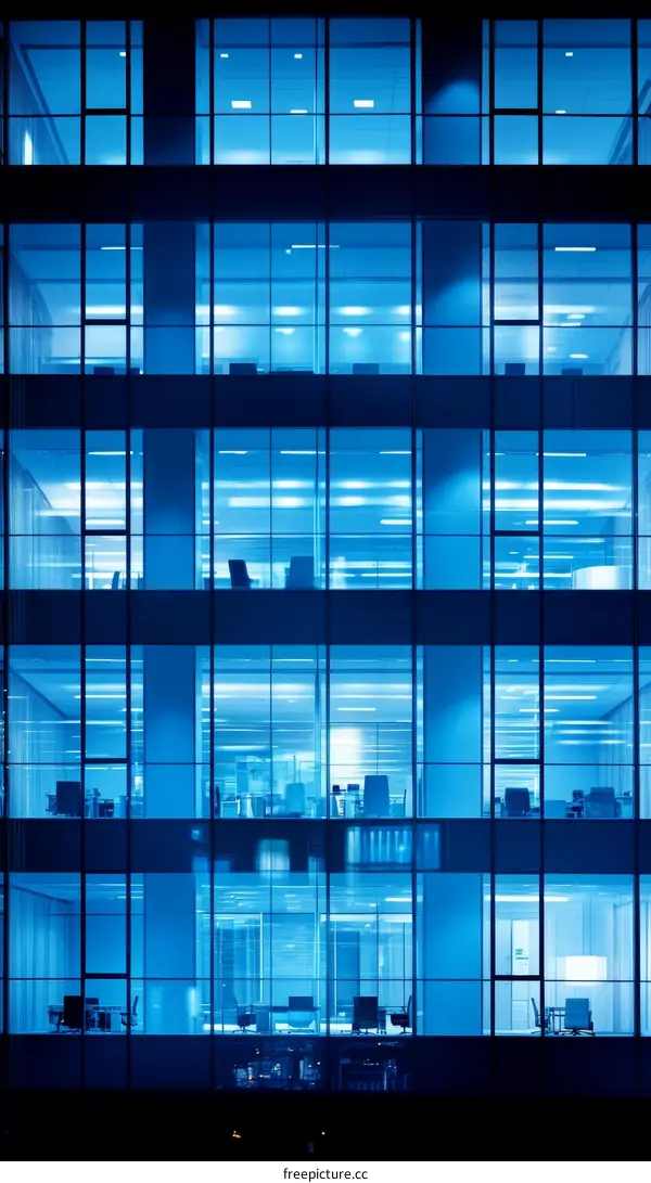 Modern Office Building at Night with Lit Windows
