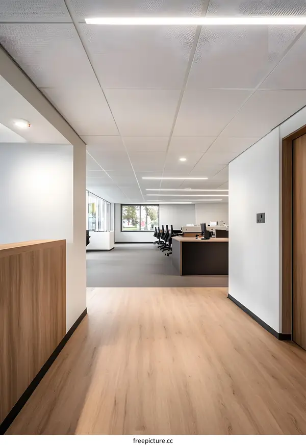 Modern Office Interior Design With Wood Flooring And White Walls