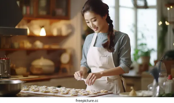 Asian woman making cookies in the kitchen