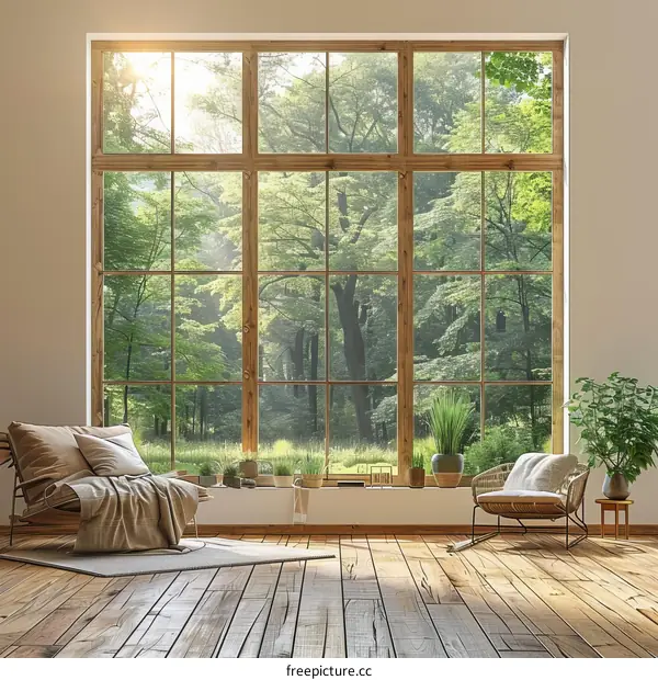 Large wooden-framed windows looking out onto a lush green forest