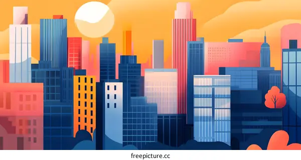 Cityscape Illustration with Modern Buildings and Sun