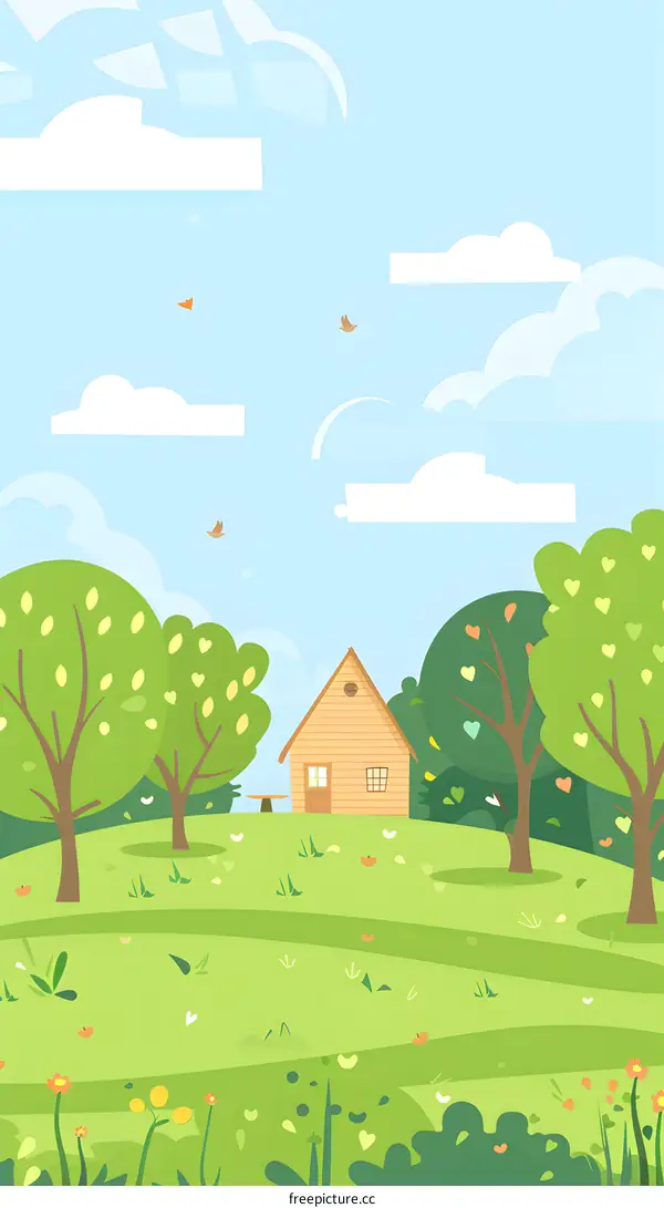 Cartoon Illustration of a Green Meadow with a House and Trees