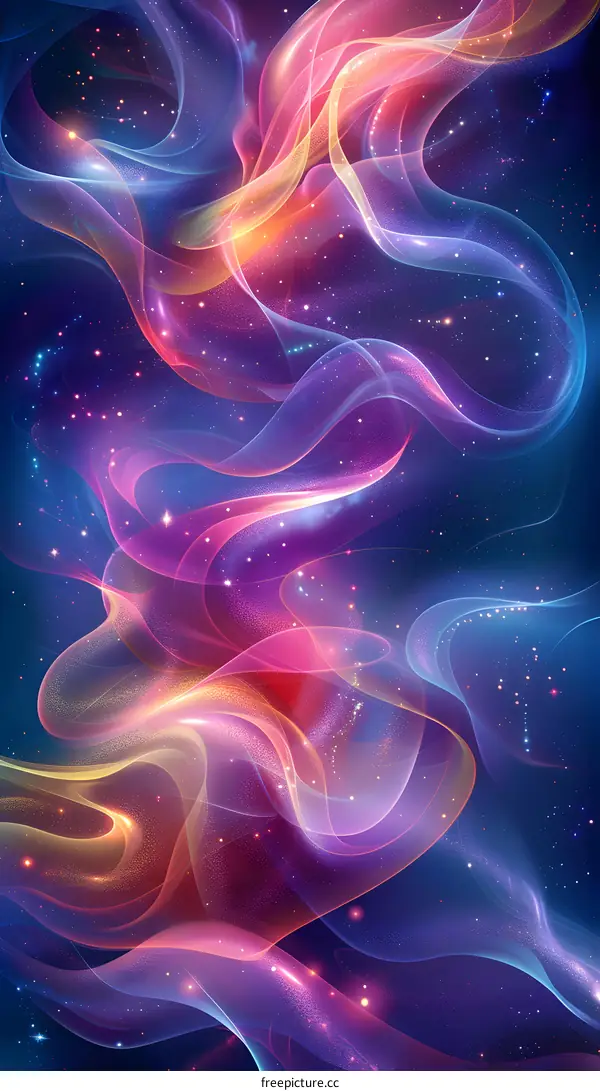 Colorful abstract glowing shapes on dark blue background