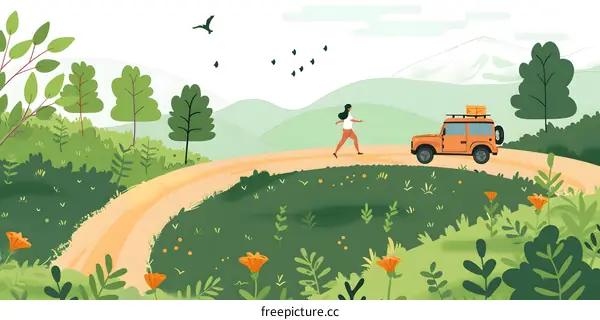 Woman Walking in Mountain Landscape Illustration