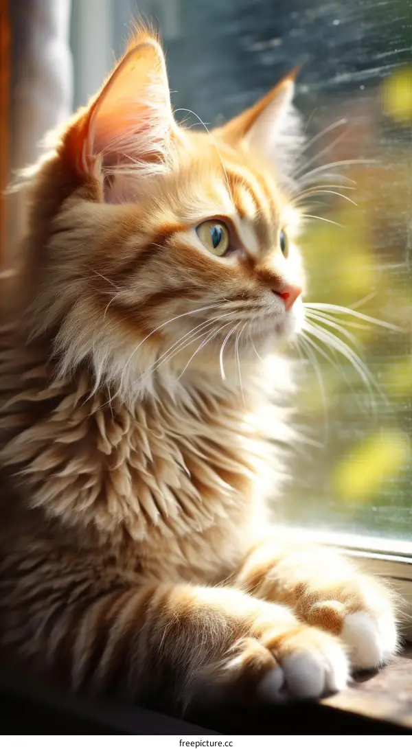 A ginger cat is sitting on a windowsill and looking outside the window