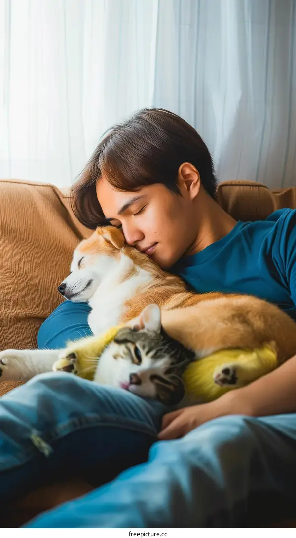 A man is sleeping on the couch with a dog and a cat