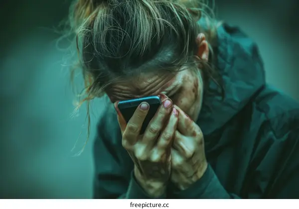 A woman with dirt on her face is holding a phone