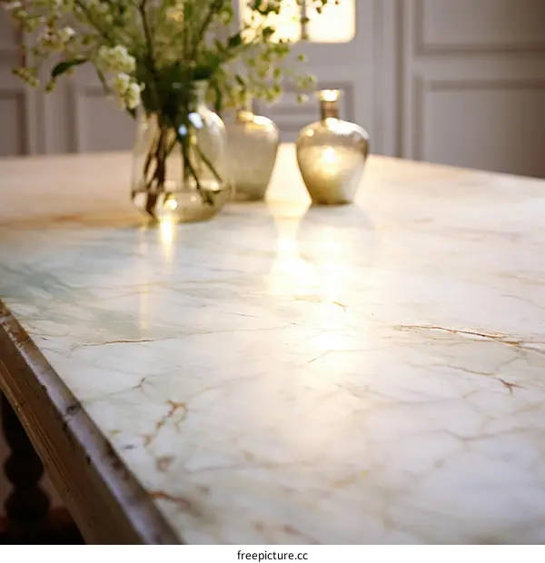 Elegant marble table with two vases of flowers