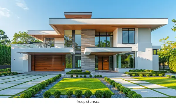 Modern luxury house exterior with large windows and a flat roof