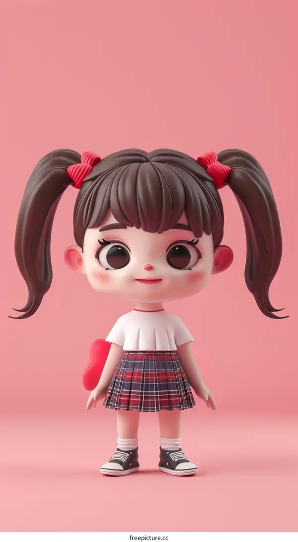 Cute 3D Cartoon Girl with Pigtails Wearing a Plaid Skirt