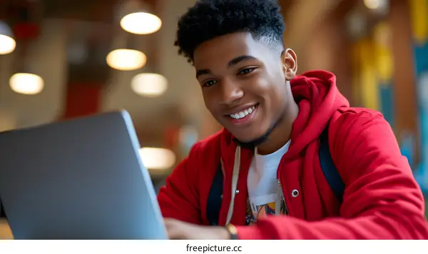 African American Man Smiling While Using Laptop In Cafe
