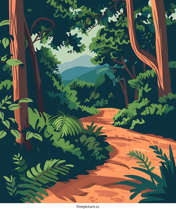 Green Forest Path Illustration with Winding Trail and Lush Foliage