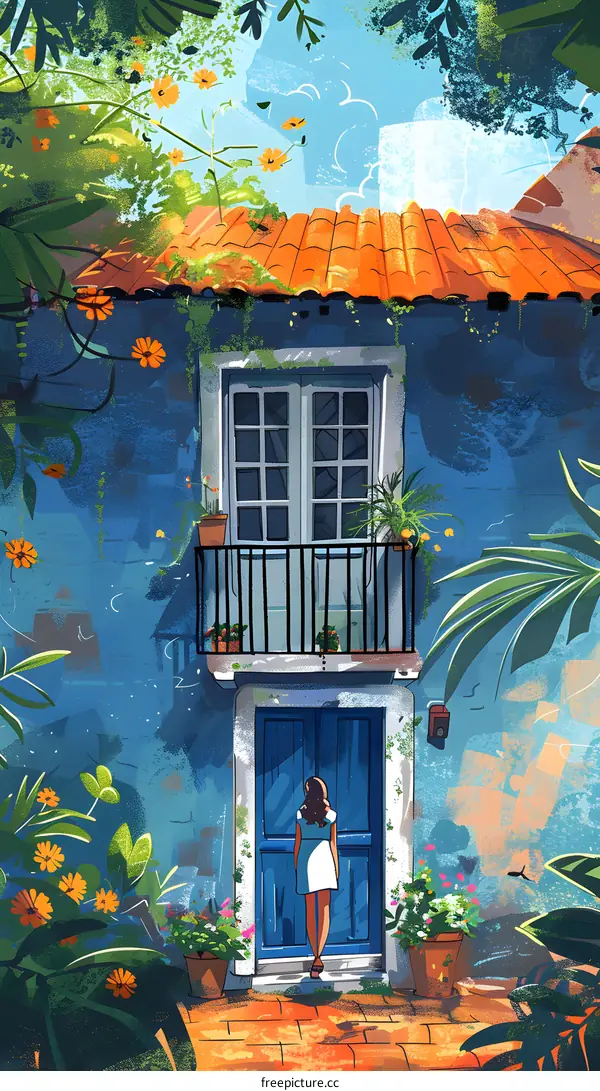 A woman in a white dress stands in front of a blue door of a house