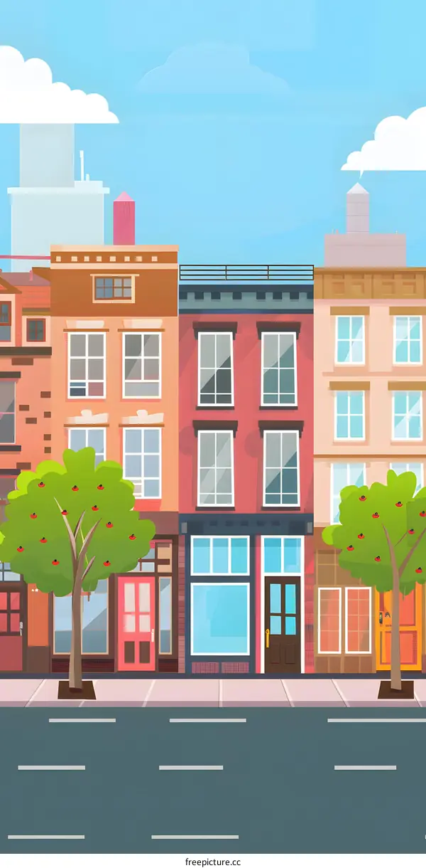 Illustration of a Colorful Street in a City with Buildings and Trees