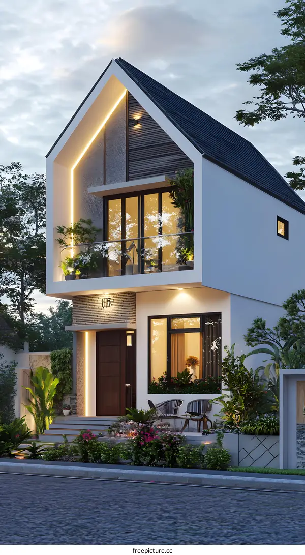 Modern Two Story House Design With Balcony And Garden