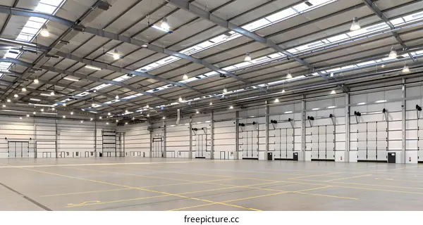 Empty Large Warehouse Interior with White Walls and Multiple Doors