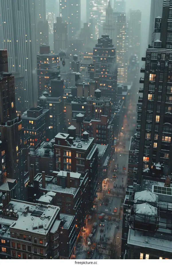 Snowy Cityscape: Aerial View of New York City Streets