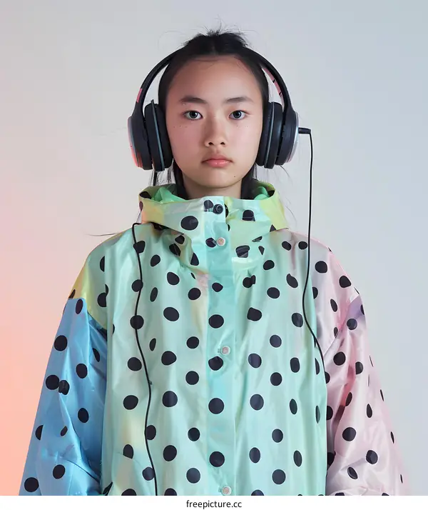 Young Asian Woman Wearing Polka Dot Raincoat and Headphones