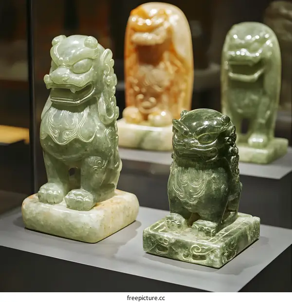 Jade Stone Lion Statues on Display in a Museum