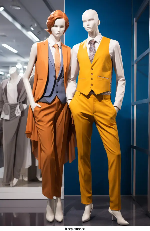 Male and female mannequins dressed in suits and ties