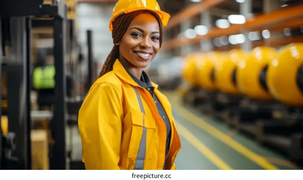 Portrait of a smiling African American woman wearing a hard hat in a factory