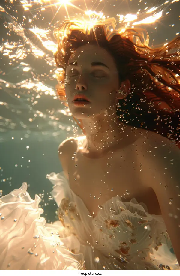 Underwater Portrait of a Woman with Red Hair and White Dress