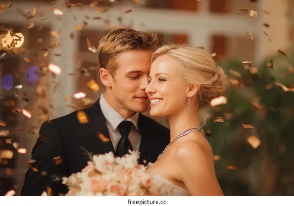 Happy newlyweds embracing with confetti falling around them