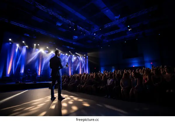 A man giving a speech on stage in front of a large audience