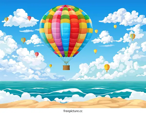 Colorful Hot Air Balloon Over Sea with Clouds Illustration