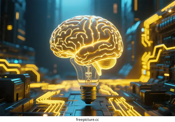 Futuristic Lightbulb with Glowing Brain Symbolizing Innovation