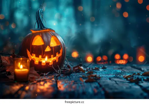 Spooky Halloween Pumpkin in the Dark Forest