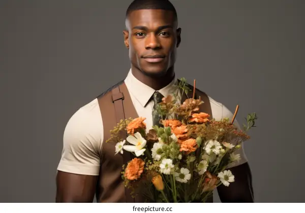 A handsome black man holding a bouquet of flowers