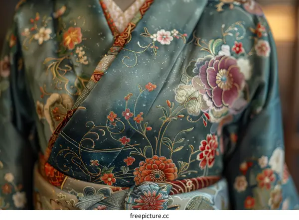 A close-up of a kimono with a floral pattern.
