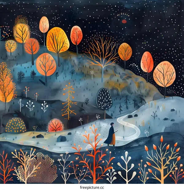 Woman Walking Through a Forest at Night