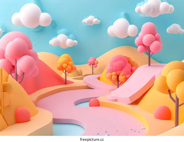 Pink and yellow 3D landscape with a blue river running through it