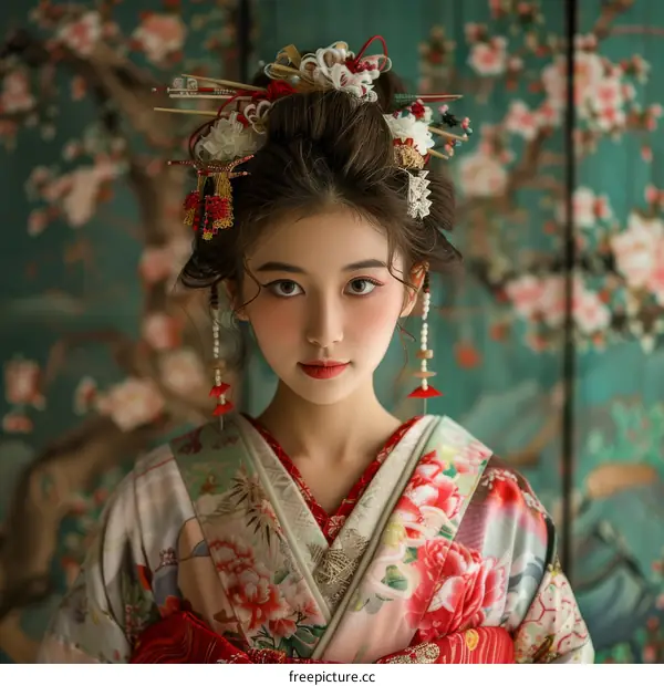 Portrait of a beautiful Japanese woman in traditional kimono