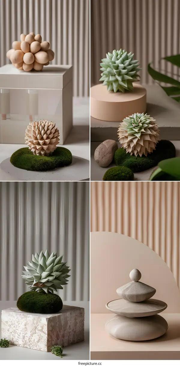 Abstract Minimalist Succulents on Stone Platforms