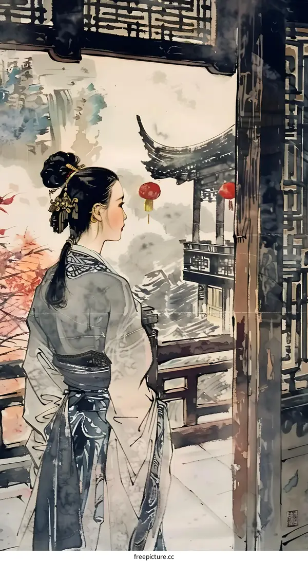 Traditional Chinese Painting of a Woman in a Garden
