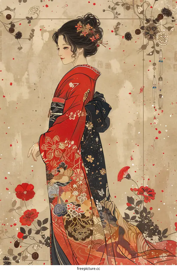 A woman wearing a red kimono with floral patterns walks in a garden