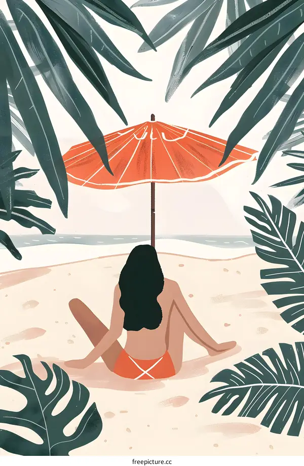 Woman Sitting on Beach with Umbrella and Palm Trees