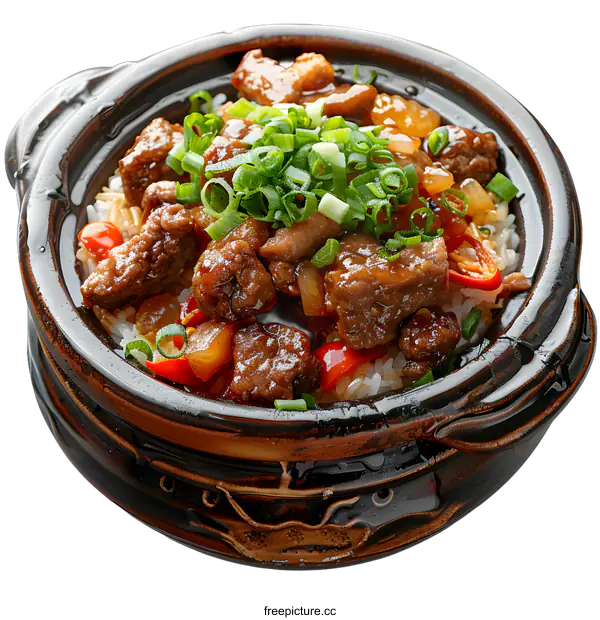 [Transparent Background PNG]Claypot rice with beef and green onion