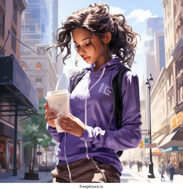 A young woman on the phone with a coffee