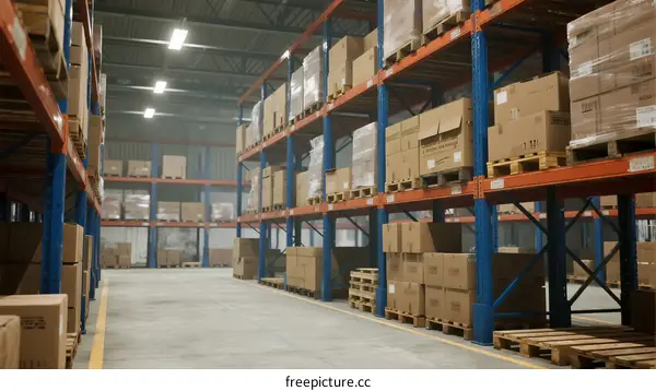 Large warehouse with neatly arranged shelves filled with boxes